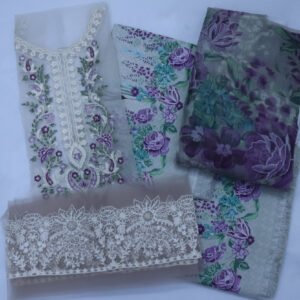 Embroidered fabric pieces with floral patterns on a white background