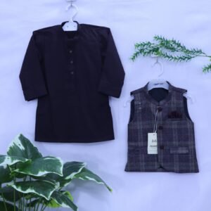 Boys Black Kurta & Plaid Waistcoat Set from MODST Kidswear