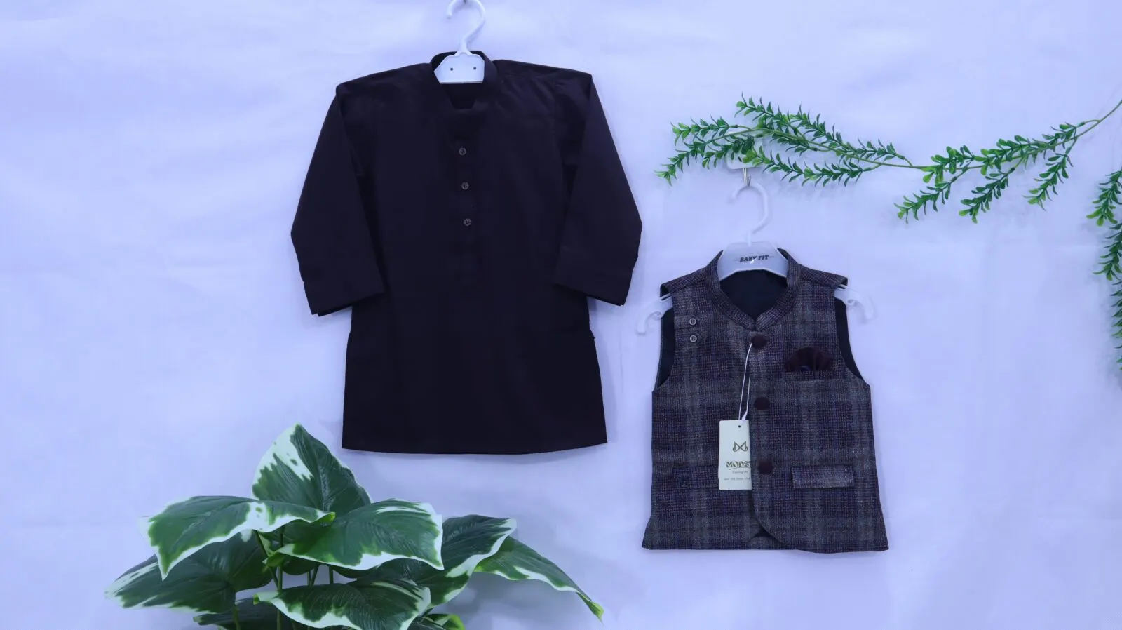 Boys Black Kurta & Plaid Waistcoat Set - Winter Collection at MODST Kidswear