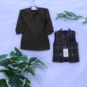 Boys Green Kurta & Plaid Waistcoat Set from MODST Kidswear