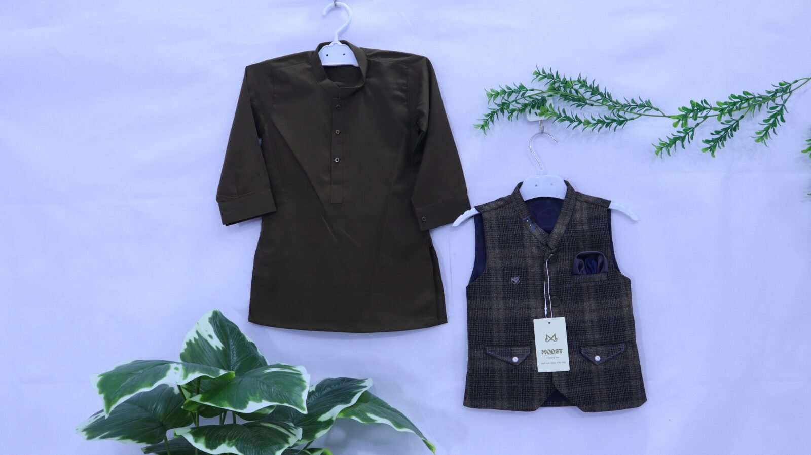Boys Green Kurta & Plaid Waistcoat Set, available in sizes 1-5 years at MODST Lahore