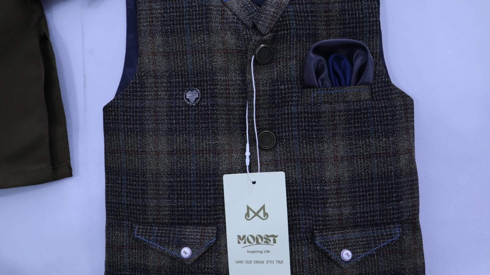Boys Green Kurta & Plaid Waistcoat Set - Winter Collection at MODST Kidswear