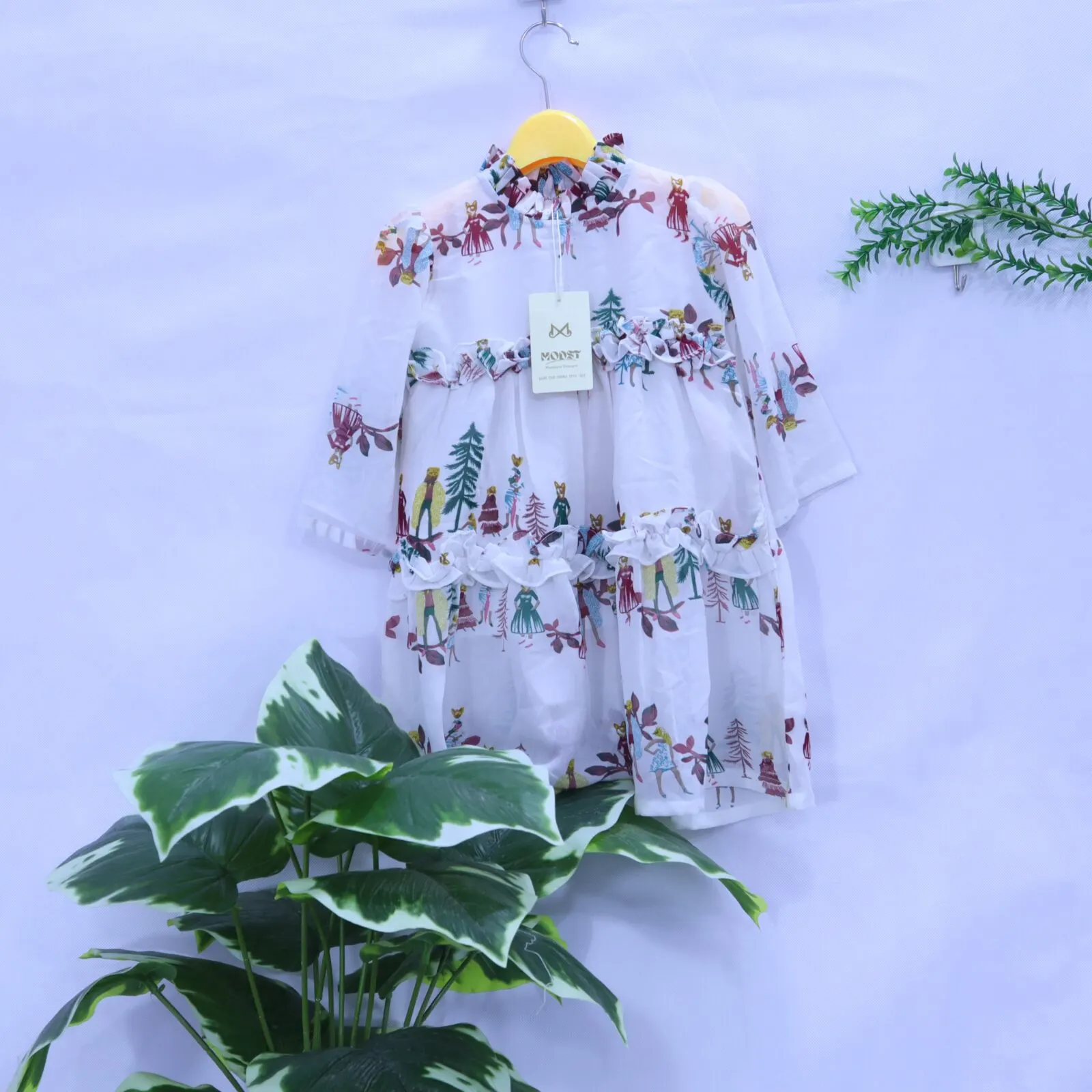 Girls Forest Print High-Neck Tiered Dress from MODST Kidswear