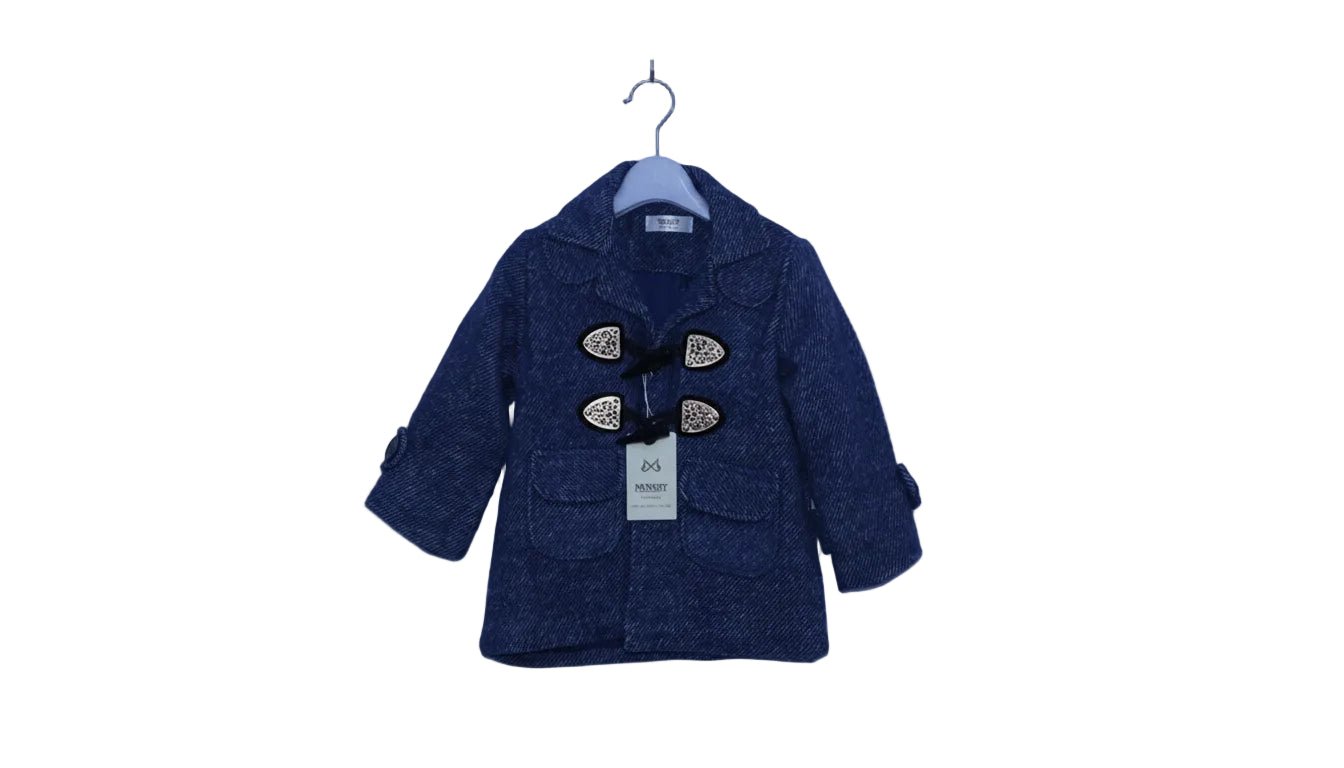 Kids Black Wool Coat with Pom-Pom Cuffs, sizes 1-5 years